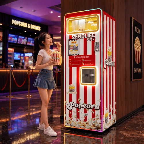 VendLife commercial popcorn vending machine in cinema lobby showing self-service popcorn maker for entertainment venues with smart touchscreen operation