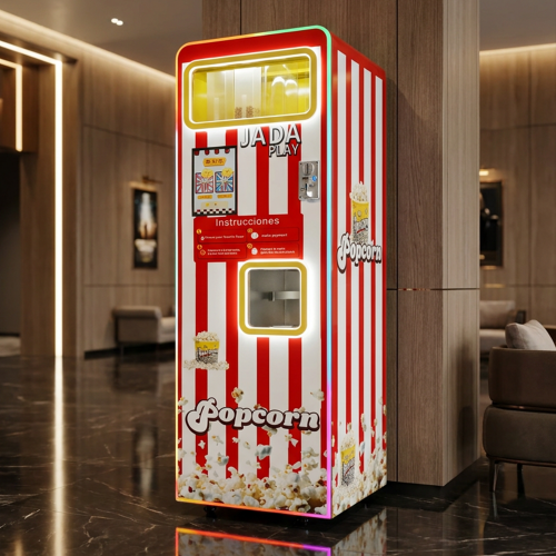 VendLife commercial popcorn vending machine product front view showing smart touchscreen display interface, compact design for self-service vending in cinemas and malls