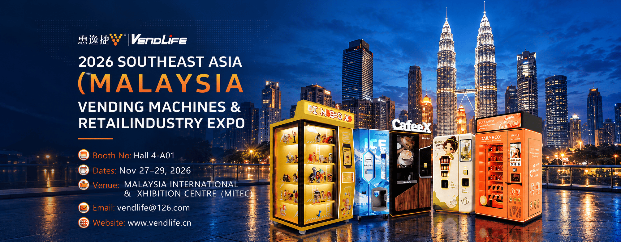 Vendlife at the 2026 Southeast Asia (Malaysia) Vending Machines & Retail Industry Expo — Booth Hall 4-A01, MITEC Kuala Lumpur, November 27–29 2026